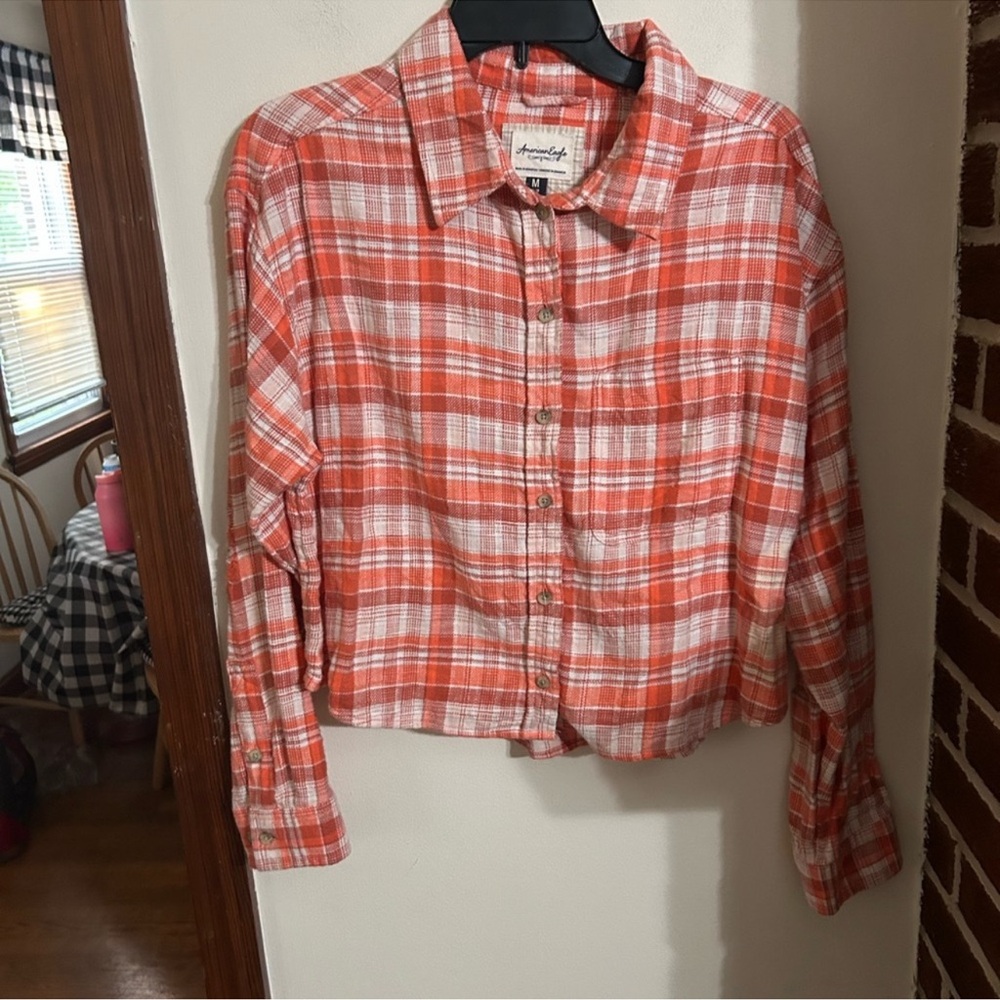 American Eagle Outfitters Size Medium Cropped Orange and White Plaid Shacket